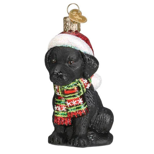 Blown Glass Ornament- Holiday Black Lab Puppy