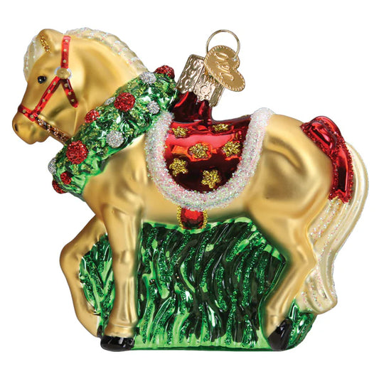 Blown Glass Ornament- Horse with Wreath