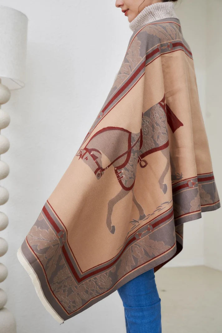 AWST Int'l Baroque Horses Acrylic Cashmere Scarf || Burgundy & Tan