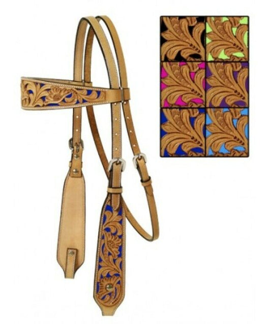 Turn Two || Mesquite Canyon Tooled Headstall || Natural & Blue || Horse Size ONLY