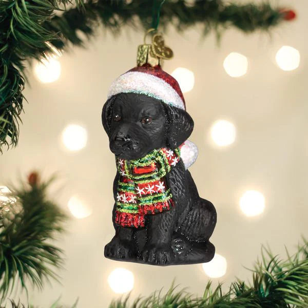 Blown Glass Ornament- Holiday Black Lab Puppy