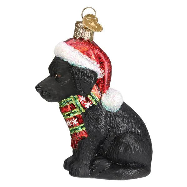 Blown Glass Ornament- Holiday Black Lab Puppy