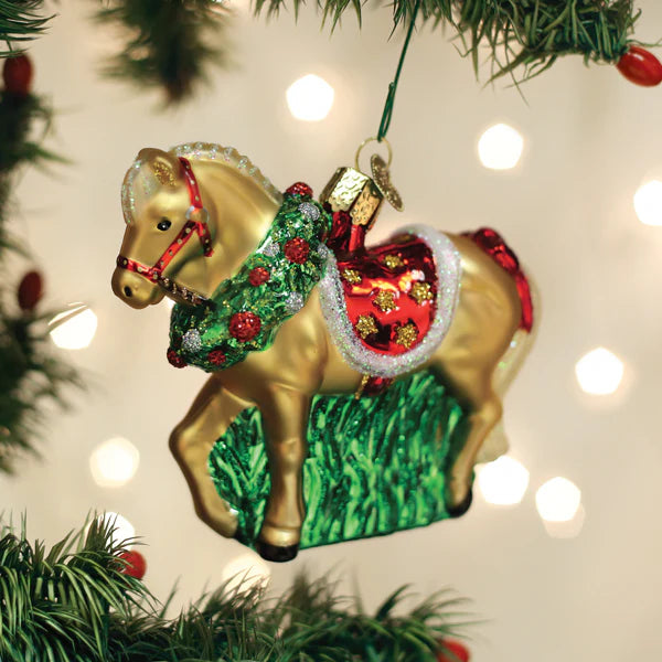 Blown Glass Ornament- Horse with Wreath