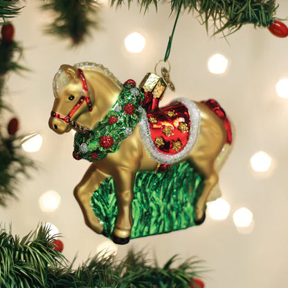 Blown Glass Ornament- Horse with Wreath