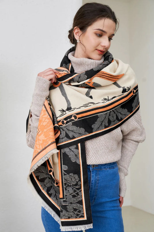 AWST Int'l Baroque Horses Acrylic Cashmere Scarf || Black & Orange