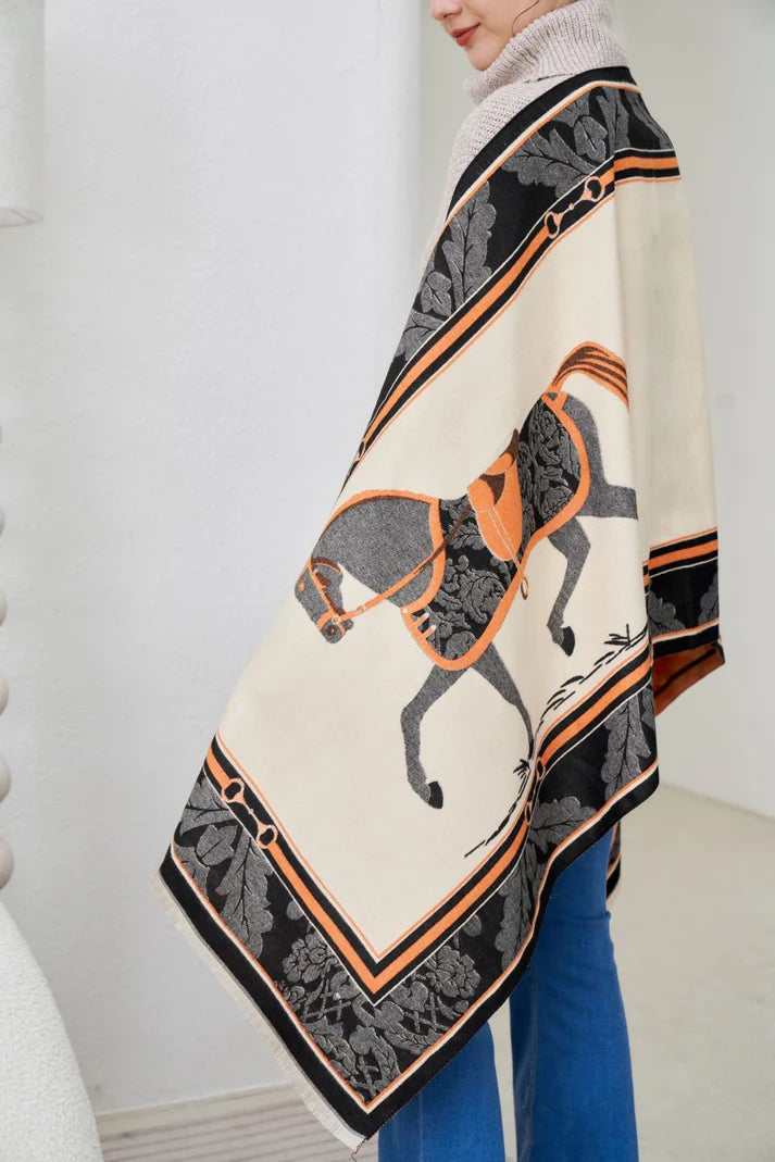 AWST Int'l Baroque Horses Acrylic Cashmere Scarf || Black & Orange