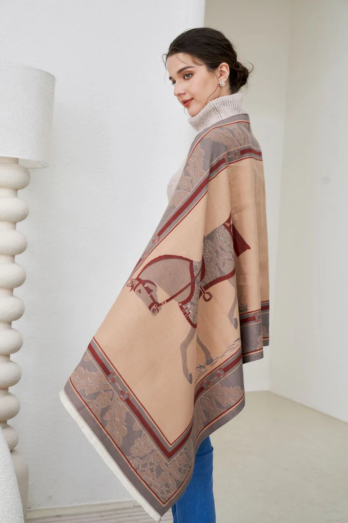 AWST Int'l Baroque Horses Acrylic Cashmere Scarf || Burgundy & Tan