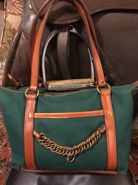 Halter Leather and Canvas Handbag with Brass Curbchain